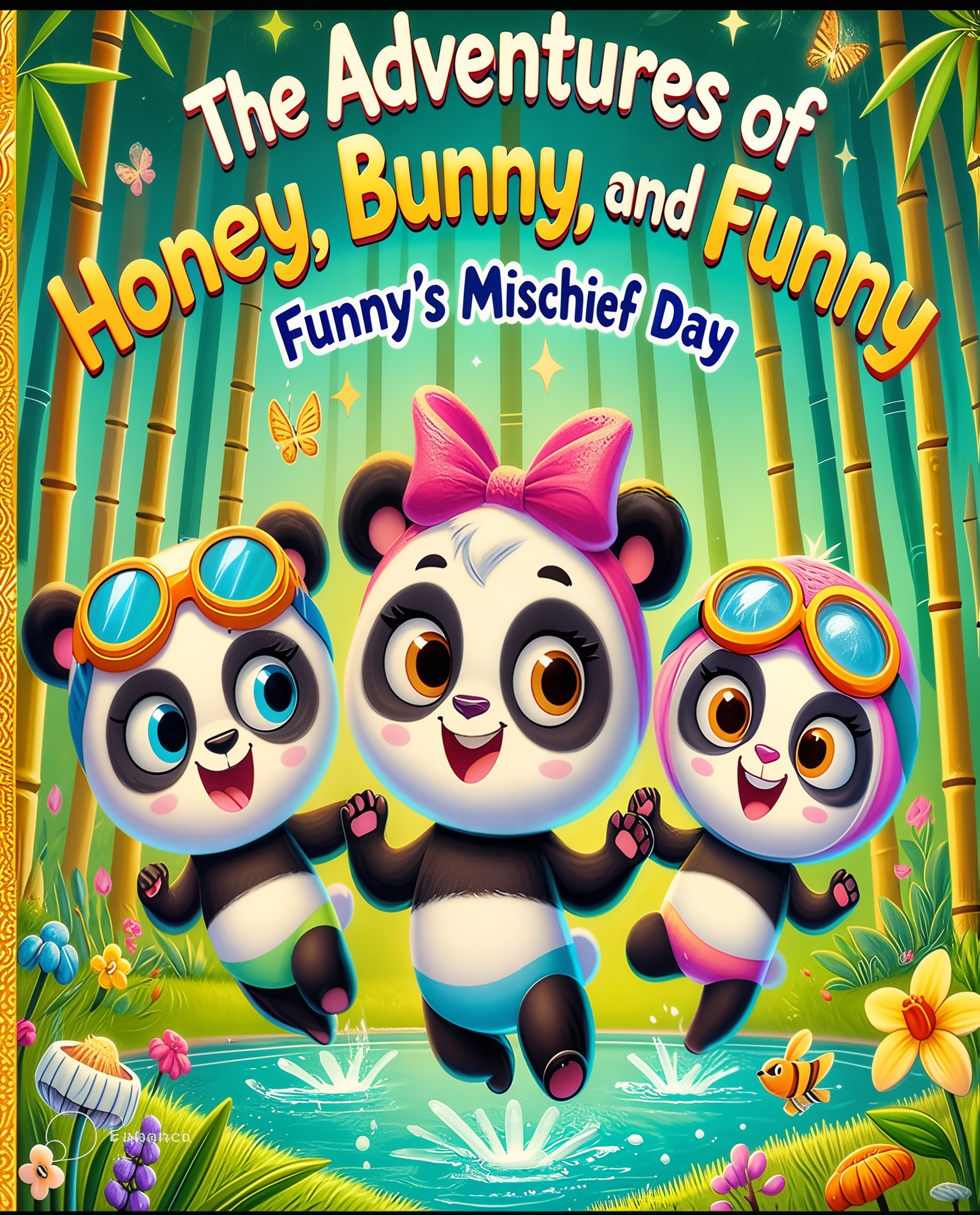 Book cover: The Adventures of Honey, Bunny and Funny - Funny's Day of Mischief, showing three panda siblings